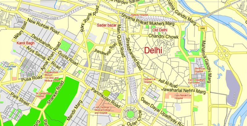 Printable Vector Map of Delhi India ENG low detailed City Plan for small print size scale 1:65984 full editable Adobe Illustrator Street Map in layers