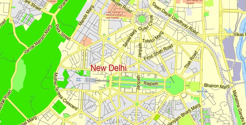 Printable Vector Map of Delhi India ENG low detailed City Plan for small print size scale 1:65984 full editable Adobe Illustrator Street Map in layers