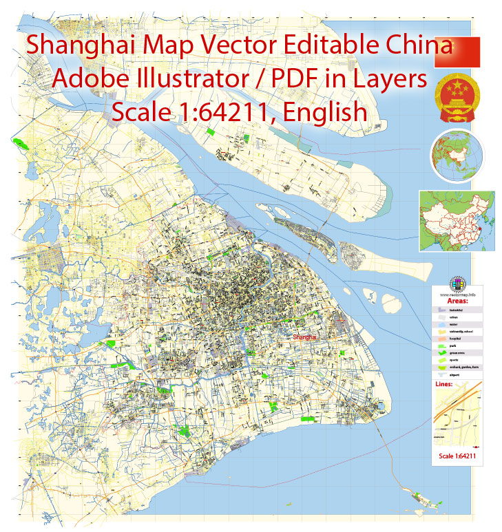 Printable Vector Map of Shanghai China ENG Low detailed City Plan scale 1:64211 editable Adobe Illustrator Street Map in layers  for small size printing