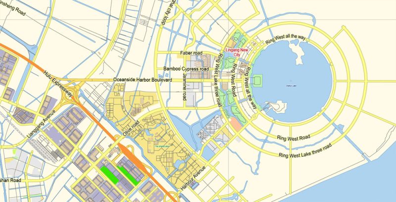 Printable Vector Map of Shanghai China ENG Low detailed City Plan scale 1:64211 editable Adobe Illustrator Street Map in layers  for small size printing