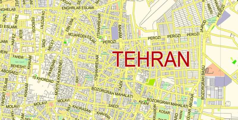 Printable Vector Map of Tehran Iran EN Low detailed City Plan scale 1:61042 full editable Adobe Illustrator Street Map in layers for small print size