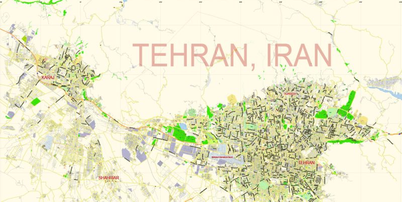 Printable Vector Map of Tehran Iran EN Low detailed City Plan scale 1:61042 full editable Adobe Illustrator Street Map in layers for small print size
