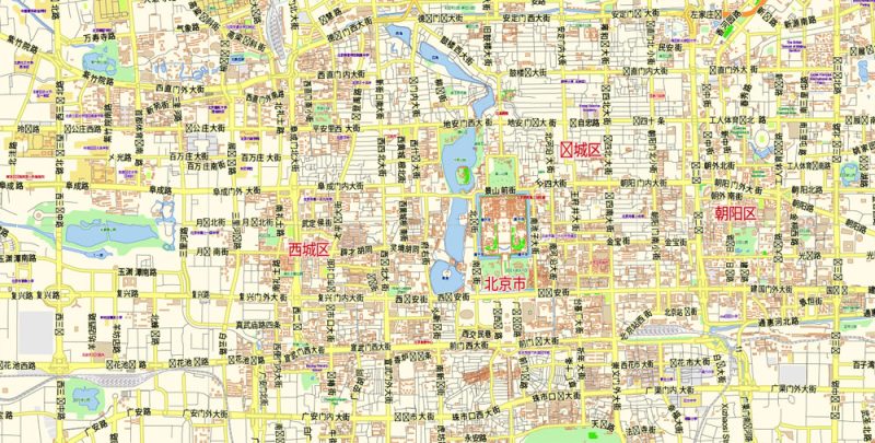 Printable Vector Map of Beijing China Cninese Low detailed City Plan scale 1:57655 editable Adobe Illustrator Street Map in layers  for small size printing