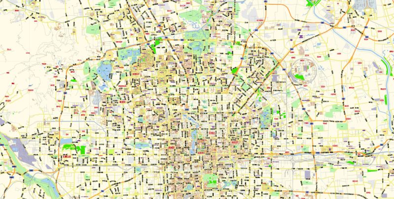 Printable Vector Map of Beijing China Cninese Low detailed City Plan scale 1:57655 editable Adobe Illustrator Street Map in layers  for small size printing