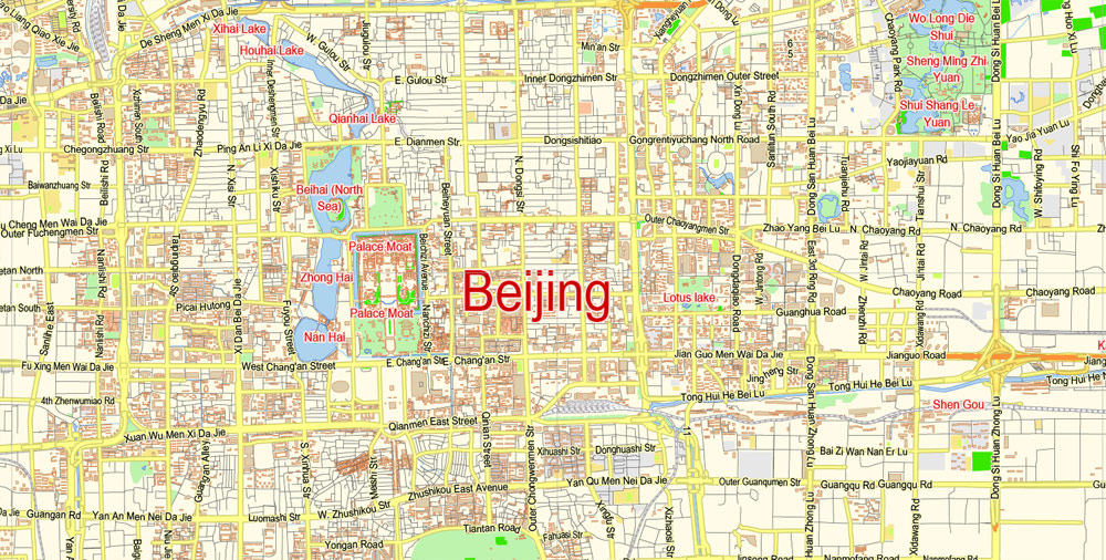 Printable Vector Map of Beijing China ENG Low detailed City Plan scale 1:57655 editable Adobe Illustrator Street Map in layers  for small size printing