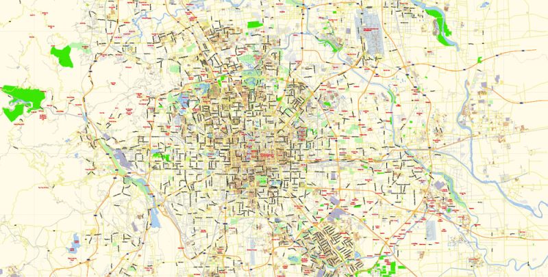 Printable Vector Map of Beijing China ENG Low detailed City Plan scale 1:57655 editable Adobe Illustrator Street Map in layers  for small size printing