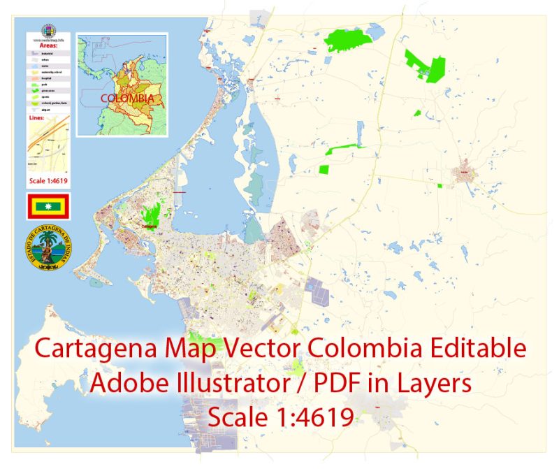 Printable Vector Map Cartagena Colombia exact extra detailed City Plan editable Adobe Illustrator scale 1:4619 Street Map in layers 5 Mb ZIP