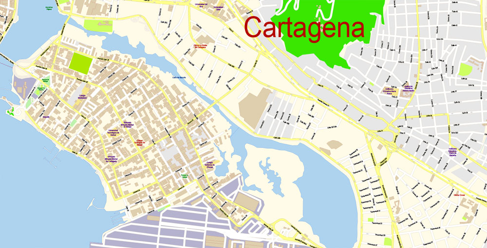 Printable Vector Map Cartagena Colombia exact extra detailed City Plan editable Adobe Illustrator scale 1:4619 Street Map in layers 5 Mb ZIP