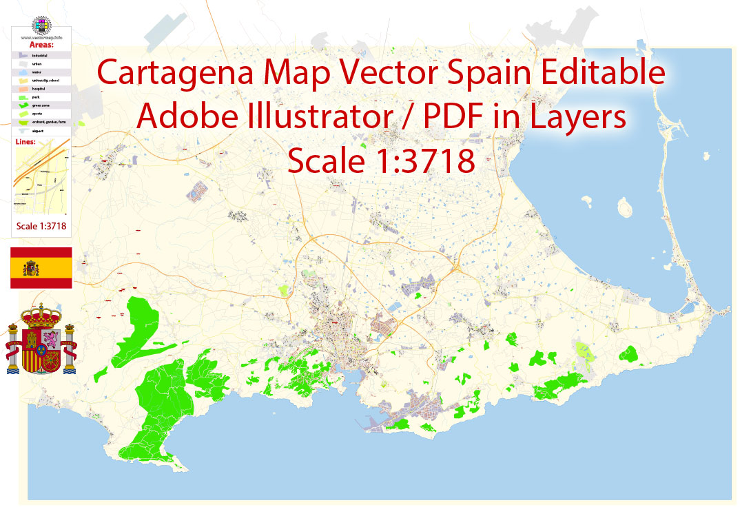 Printable Vector Map Cartagena Spain exact extra detailed City Plan editable Adobe Illustrator scale 1:3718 Street Map in layers 7 Mb ZIP