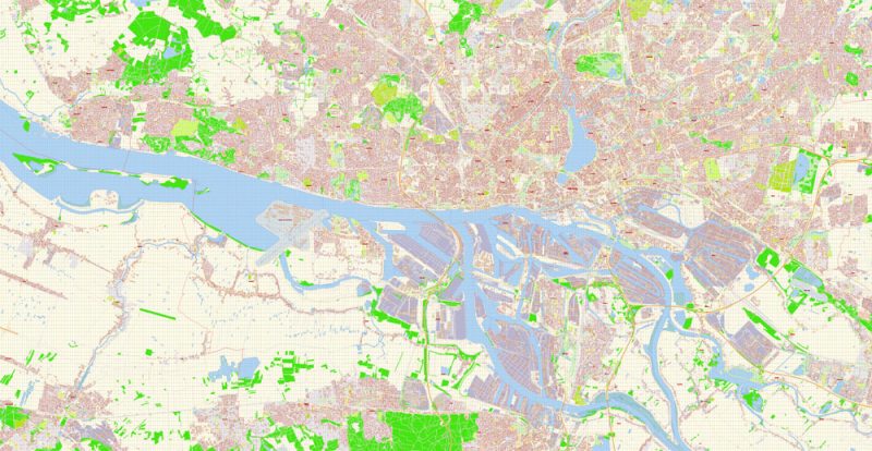 Printable Vector Map Hamburg Germany exact Extra Detailed City Plan scale 1:2792 editable Layered Adobe Illustrator Street Map 45 Mb ZIP