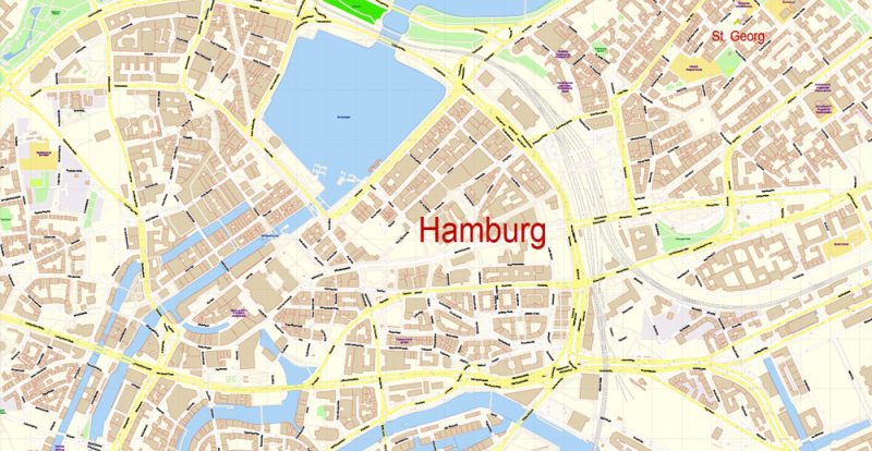 Printable Vector Map Hamburg Germany exact Extra Detailed City Plan scale 1:2792 editable Layered Adobe Illustrator Street Map 45 Mb ZIP