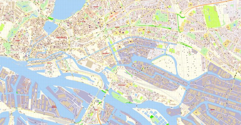 Printable Vector Map Hamburg Germany exact Extra Detailed City Plan scale 1:2792 editable Layered Adobe Illustrator Street Map 45 Mb ZIP