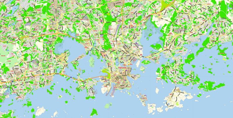 Helsinki + Espoo + Vantaa Map Vector Finland Low detailed City Plan editable Layered Adobe Illustrator Street Map