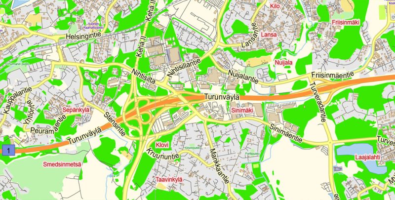 Helsinki + Espoo + Vantaa Map Vector Finland Low detailed City Plan editable Layered Adobe Illustrator Street Map