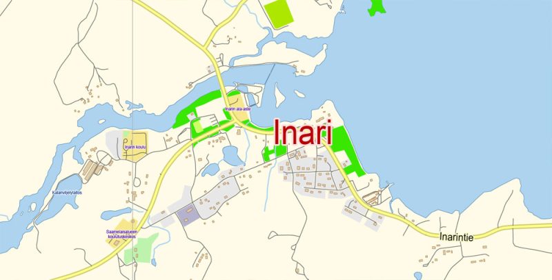 Inari + Ivalo + Saariselka Map Vector Finland Low detailed City Plan editable Layered Adobe Illustrator Street Map