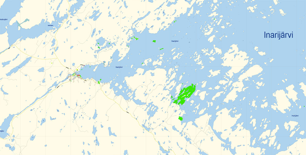 Inari + Ivalo + Saariselka Map Vector Finland Low detailed City Plan editable Layered Adobe Illustrator Street Map Inari + Saariselka Map Vector Finland Low detailed City Plan editable Layered Adobe Illustrator Street Map