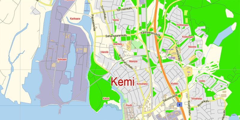 Kemi + Tornio Map Vector Finland Low detailed City Plan editable Layered Adobe Illustrator Street Map