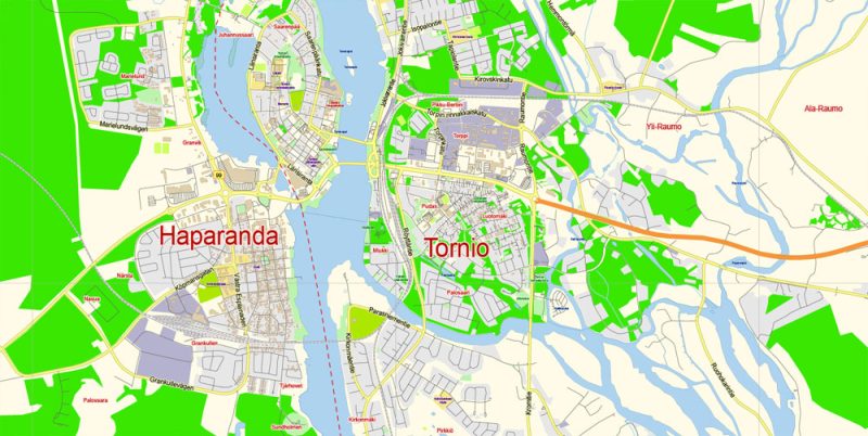 Kemi + Tornio Map Vector Finland Low detailed City Plan editable Layered Adobe Illustrator Street Map