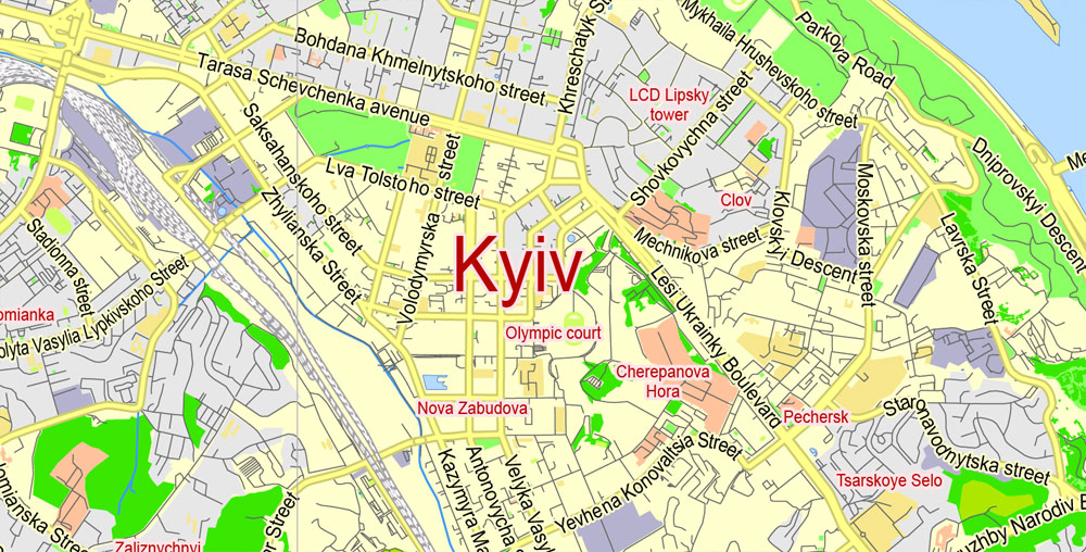 Kiev PDF Map Ukraine English City Plan Low Detailed editable Adobe PDF Street Map in layers