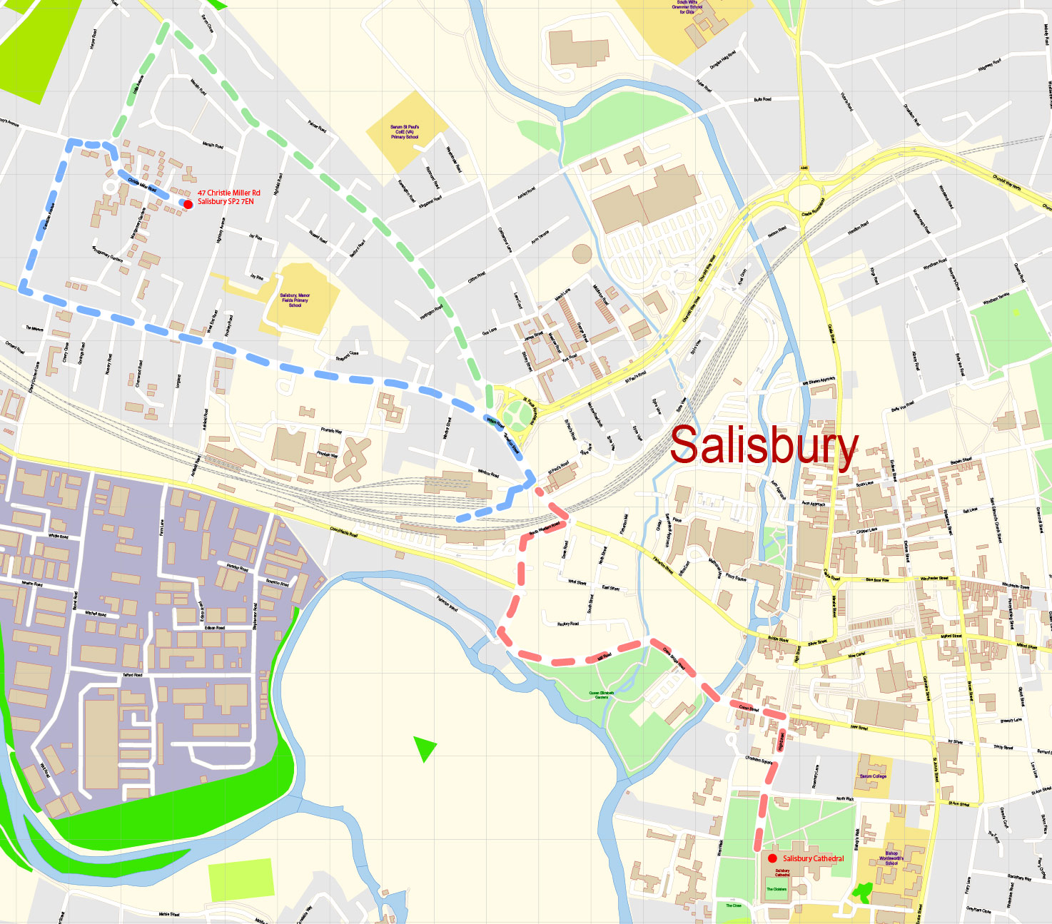 Salisbury, UK. Murderer Route Vector Map Free Adobe Illustrator, PDF, SVG