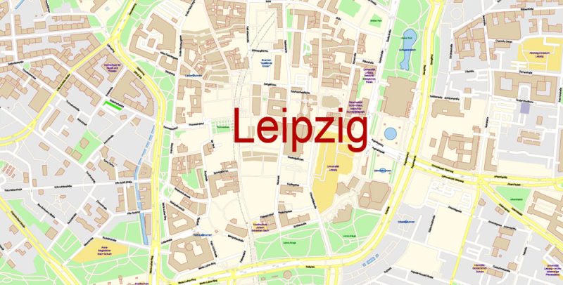 Printable Vector Map Leipzig Germany exact extra detailed City Plan editable Adobe Illustrator scale 1:2934 Street Map in layers