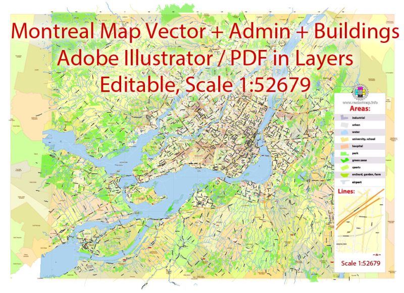 Printable Vector Map of Montreal City Canada exact editable City Plan 2000 meters scale Adobe Illustrator in Layers text format all names