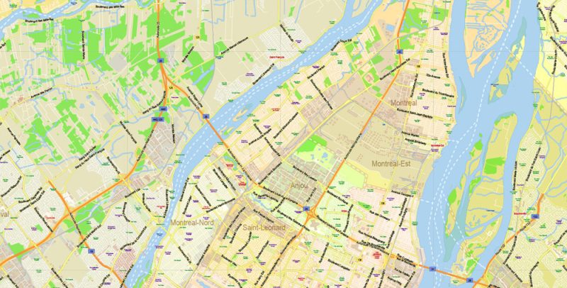 Montreal City Canada Vector Map exact editable City Plan 2000 meters scale Adobe Illustrator