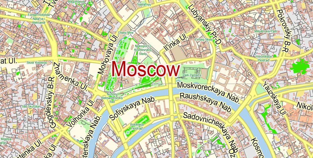 Moscow Map Vector Russia English Names City Plan Low Detailed editable Adobe Illustrator Street Map in layers