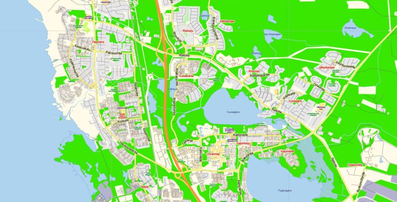 Oulu Map Vector Finland Low detailed City Plan editable Layered Adobe Illustrator Street Map