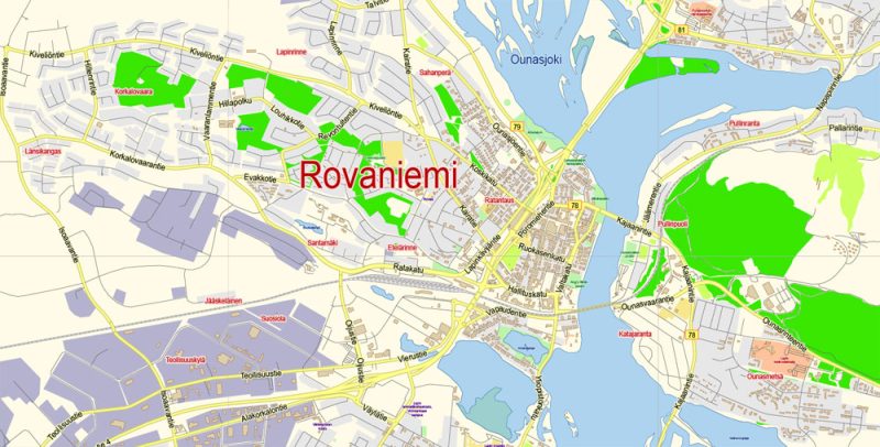 Rovaniemi Map Vector Finland Low detailed City Plan editable Layered Adobe Illustrator Street Map