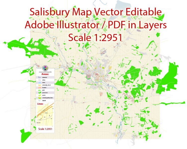 Printable Vector Map Salisbury UK exact Extra Detailed City Plan scale 1:2792 editable Layered Adobe Illustrator Street Map 2 Mb ZIP