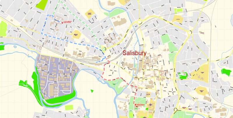 Printable Vector Map Salisbury UK exact Extra Detailed City Plan scale 1:2792 editable Layered Adobe Illustrator Street Map 2 Mb ZIP