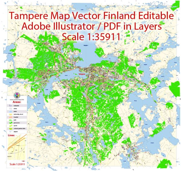 Tampere Map Vector Finland Low detailed City Plan editable Layered Adobe Illustrator Street Map