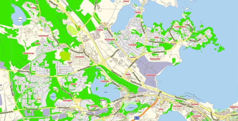 Printable Vector Map Tampere Finland, exact Low detailed City Plan, Scale 1:35911, editable Layered Adobe Illustrator Street Map