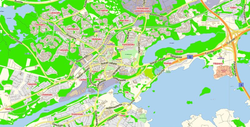 Printable Vector Map Tampere Finland, exact Low detailed City Plan, Scale 1:35911, editable Layered Adobe Illustrator Street Map