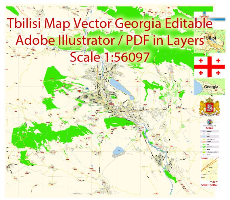 Printable Vector Map of Tbilisi Georgia EN Low detailed City Plan scale 1:56097 editable Adobe Illustrator Street Map in layers for Small size Printing