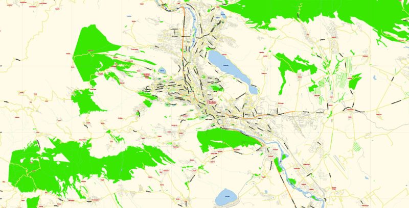 Printable Vector Map of Tbilisi Georgia EN Low detailed City Plan scale 1:56097 editable Adobe Illustrator Street Map in layers for Small size Printing