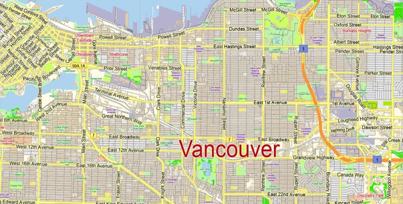 Printable Vector Map Vancouver large long area British Columbia, Canada, exact vector in layers scale 1:49110, full editable, Adobe Illustrator