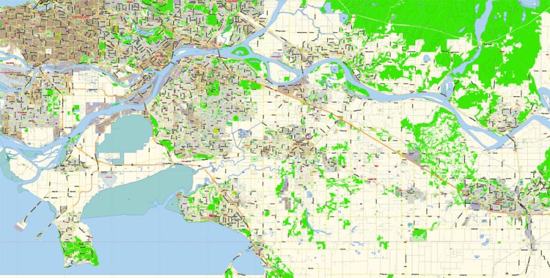 Printable Vector Map Vancouver large long area British Columbia, Canada, exact vector in layers scale 1:49110, full editable, Adobe Illustrator