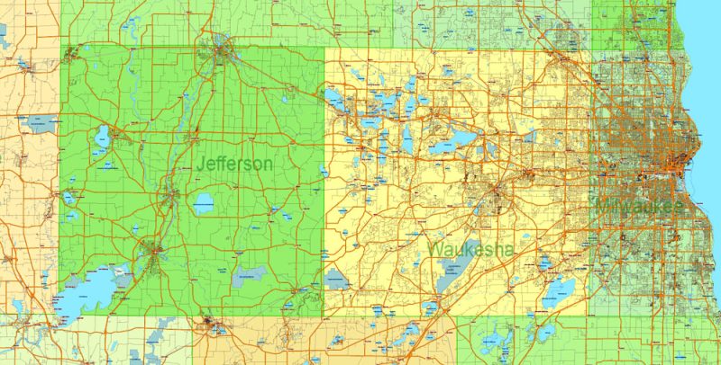 Wisconsin State Vector Map exact extra detailed All Roads, Cities and Counties map editable Layered Adobe Illustrator