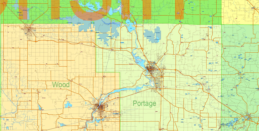 Wisconsin State Vector Map exact extra detailed All Roads, Cities and Counties map editable Layered Adobe Illustrator