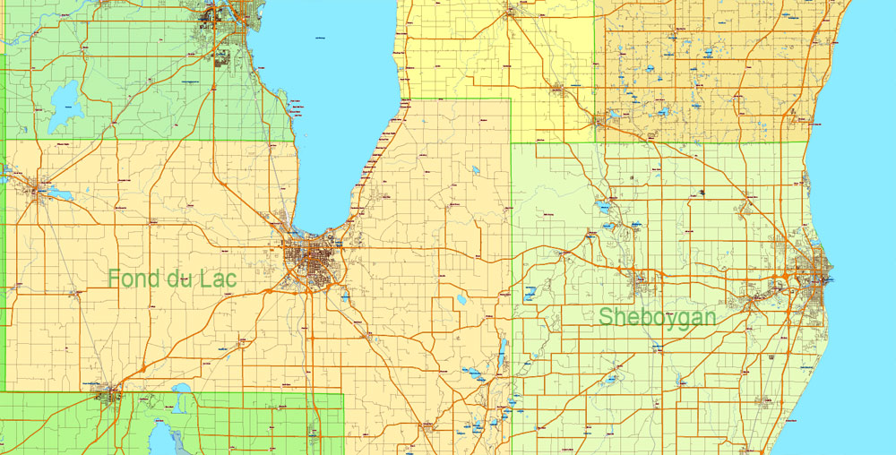 Wisconsin State Vector Map exact extra detailed All Roads, Cities and Counties map editable Layered Adobe Illustrator
