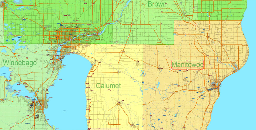 Wisconsin State Vector Map exact extra detailed All Roads, Cities and Counties map editable Layered Adobe Illustrator