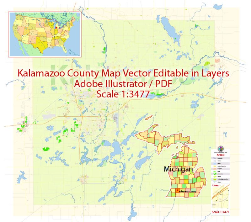 Printable Vector Map of Kalamazoo County  Michigan US Extra detailed County Plan scale 1:3477 editable Adobe Illustrator Street Map in layers