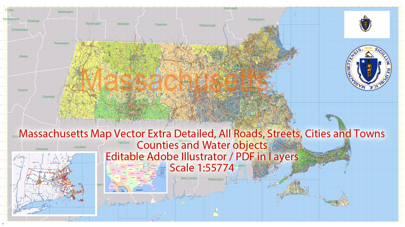 Free vector map Massachusetts State US – counties areas and names: Ai, PDF and SVG in 1 archive