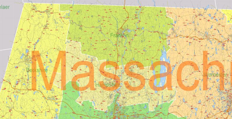 Printable Vector Map Massachusetts State US, exact extra detailed All Roads, Cities and Counties map editable Layered Adobe Illustrator
