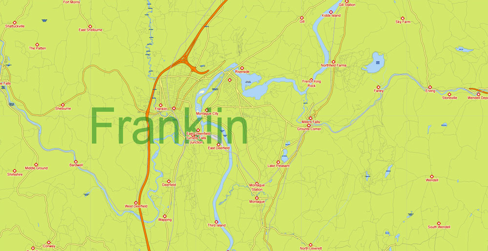 Printable Vector Map Massachusetts State US, exact extra detailed All Roads, Cities and Counties map editable Layered Adobe Illustrator