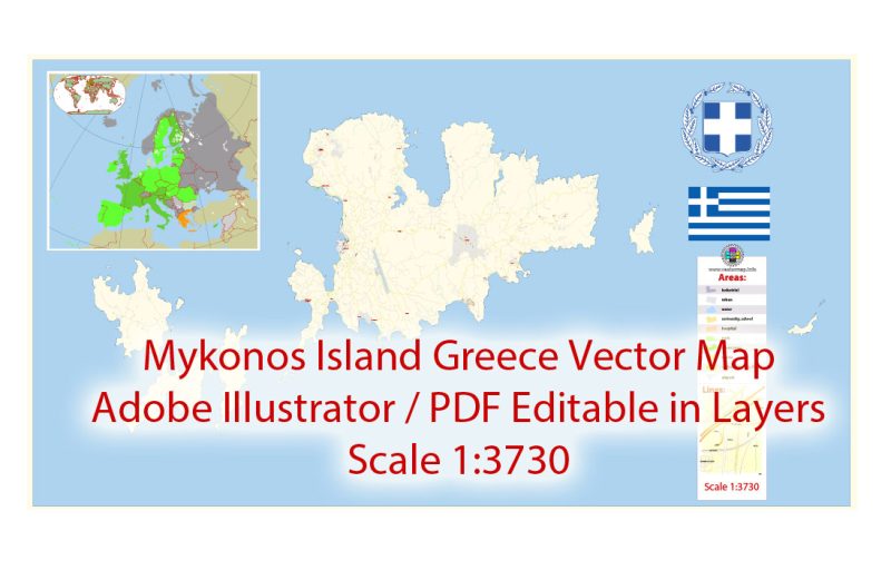 Mykonos island Vector Map Greece Extra detailed Plan scale 1:3730 full editable Adobe Illustrator Street Map in layers