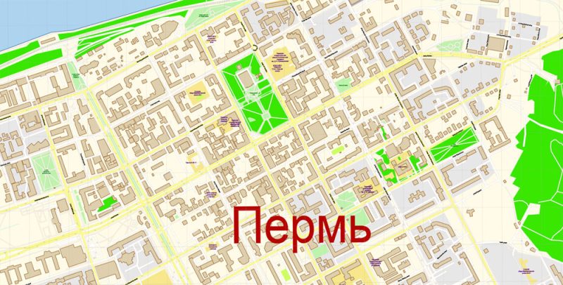 Пермь векторная карта Россия подробная редактируемая в слоях, Adobe Illustrator
