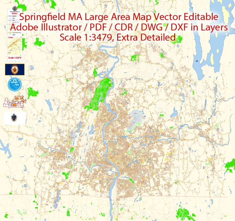 Springfield Vector Map large area MA US Extra detailed City Plan editable Adobe Illustrator Street Map in layers